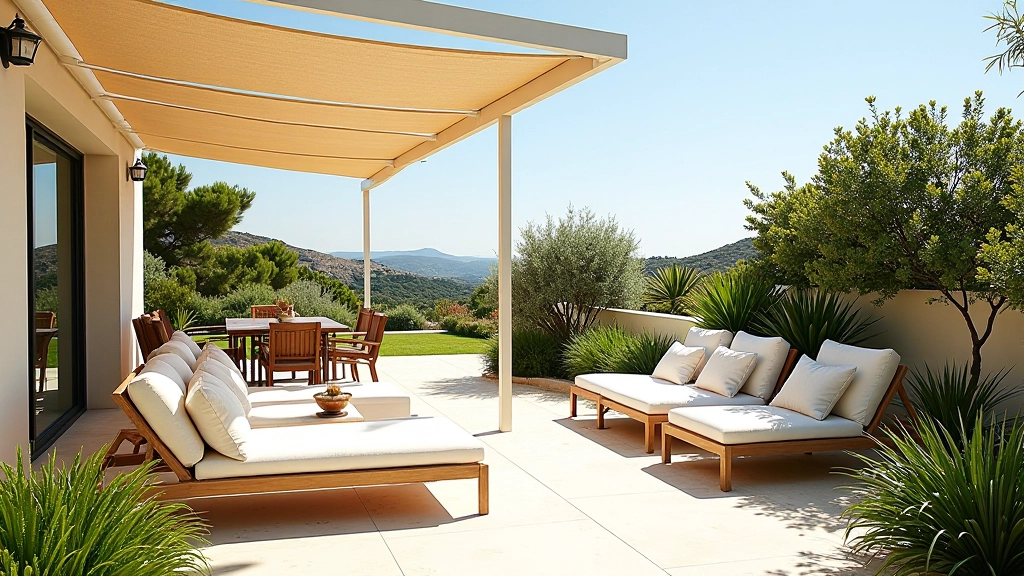 Terraço bem desenhado com plantas mediterrânicas, estrutura de sombreamento e mobiliário de jardim