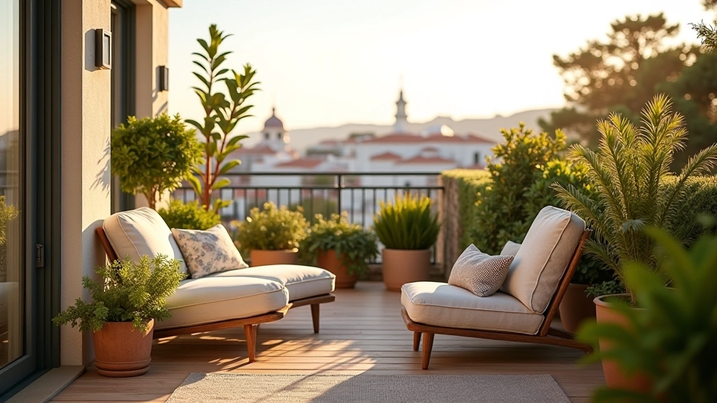 Varanda em Lisboa com poltrona, almofadas e vista para a cidade ao fundo