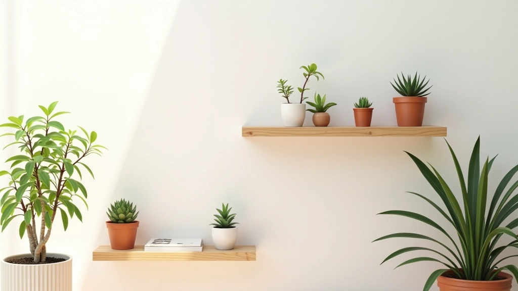 Prateleiras flutuantes com plantas suculentas e vasos pequenos numa varanda com parede branca, luz natural matinal