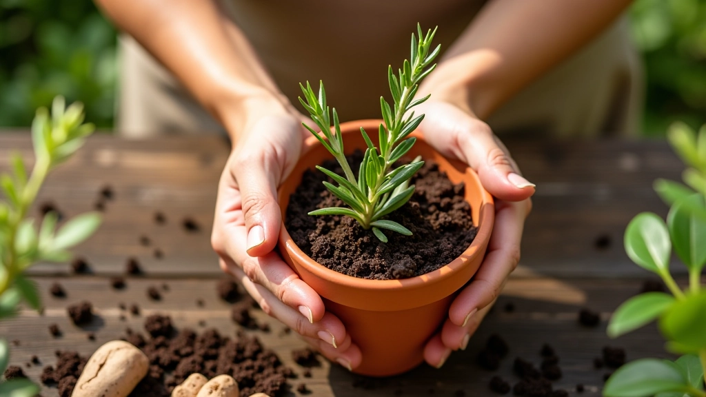 Mãos plantando alecrim em vaso com solo preparado, vista superior, mesa de trabalho exterior