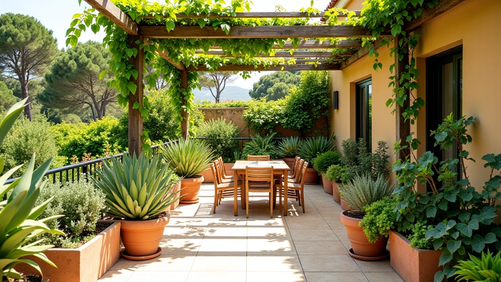 Terraço mediterrânico com plantas e estrutura de sombreamento