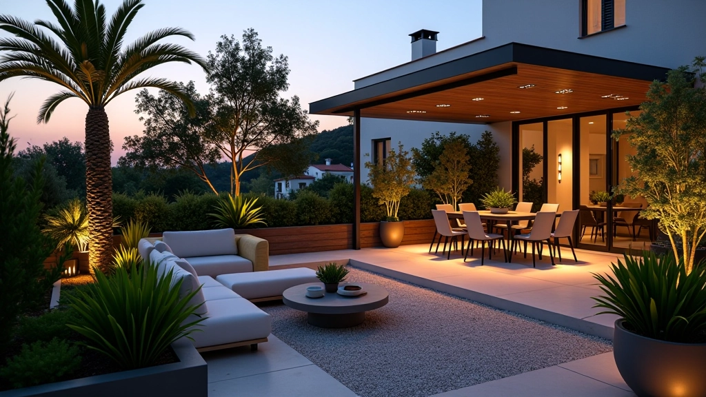 Terraço moderno em Portugal com plantas bem organizadas, mobiliário de design e iluminação ambiente ao entardecer