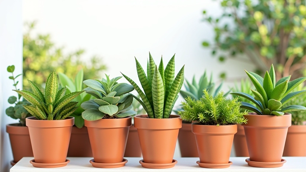 Plantas mediterrânicas em vasos de terracota alinhados em varanda, Algarve, luz solar brilhante