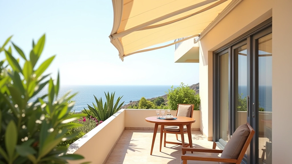 Toldo retrátil numa varanda do Algarve criando sombra sobre uma mesa pequena com dois copos de água, vista para o mar