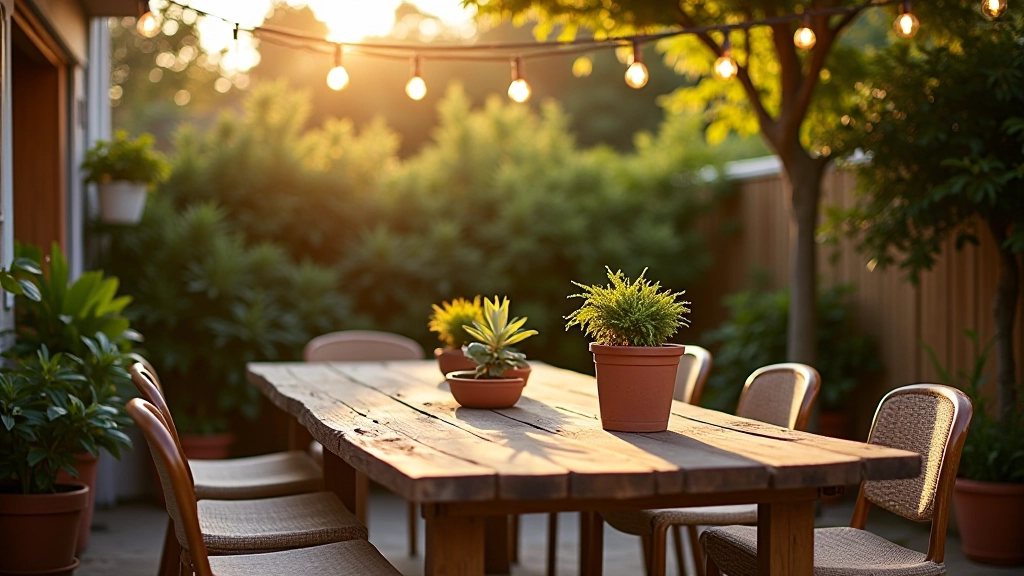 Terraço com várias plantas em vasos, iluminação exterior ao entardecer, móvel de madeira rústica