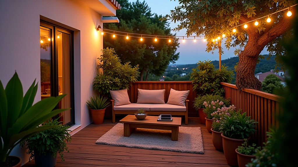 Pequena varanda com iluminação ambiente e plantas