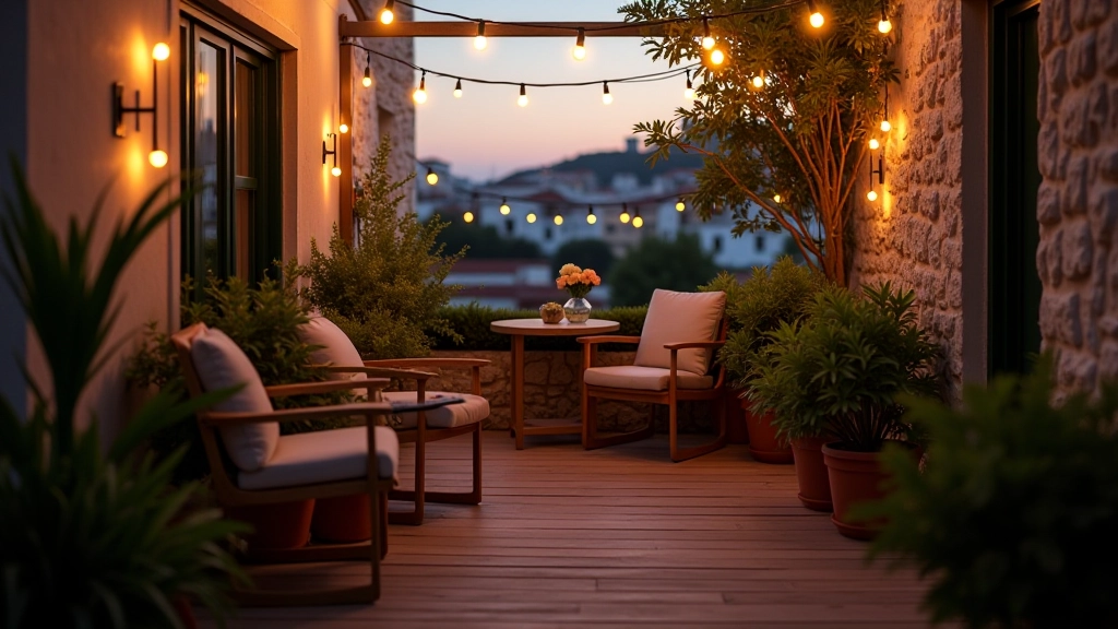 Iluminação com luzes LED quentes em volta de plantas num terraço pequeno ao anoitecer, ambiente aconchegante