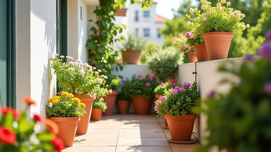 Varanda em estações diferentes: primavera com flores, verão com cores vivas, outono com tonalidades quentes, inverno com plantas dormentes