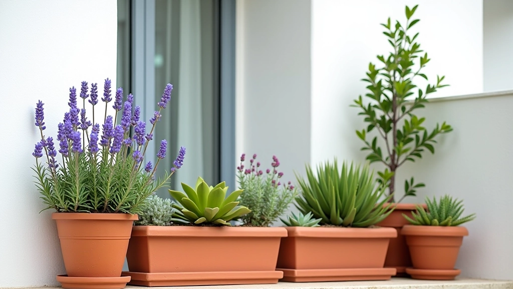 Varanda com alecrim em flor azul, lavanda roxa e suculentas em vasos de terracota, arranjo compacto
