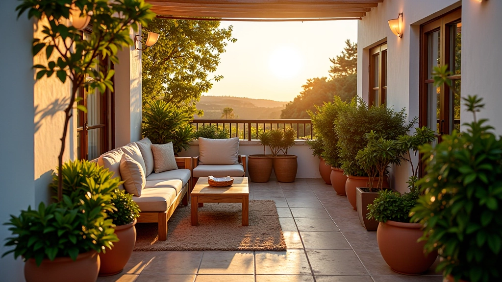 Terraço pequeno com plantas em vasos e mobiliário exterior, luz natural suave ao entardecer