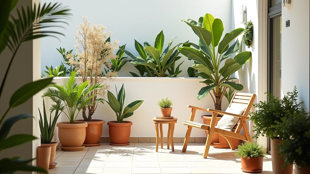 Terraço pequeno com plantas em vasos, cadeira de madeira e mesa lateral, luz natural suave