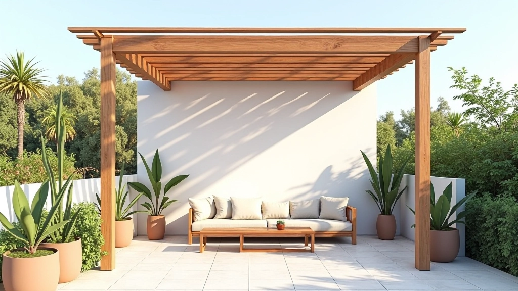 Terraço com pérgola de madeira casting sombras geométricas sobre área de estar