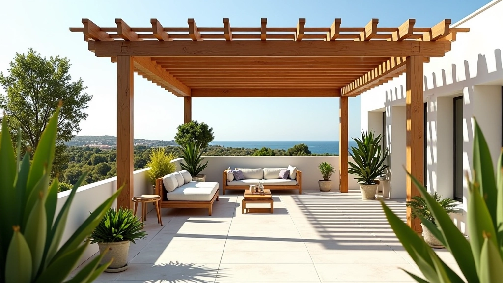 Estrutura de sombreamento em madeira sobre terraço com plantas e design moderno