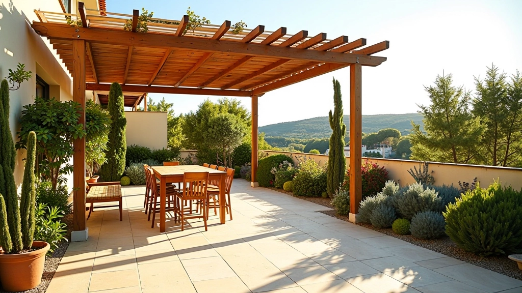 Estrutura de sombreamento em madeira sobre terraço com plantas e móvel exterior
